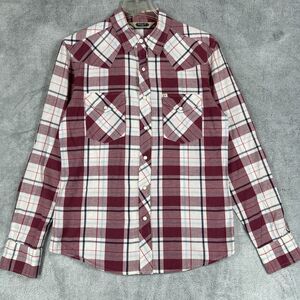 Salt Valley Western Shirt Mens Medium Maroon White Plaid Long Sleeve Pearl Snap